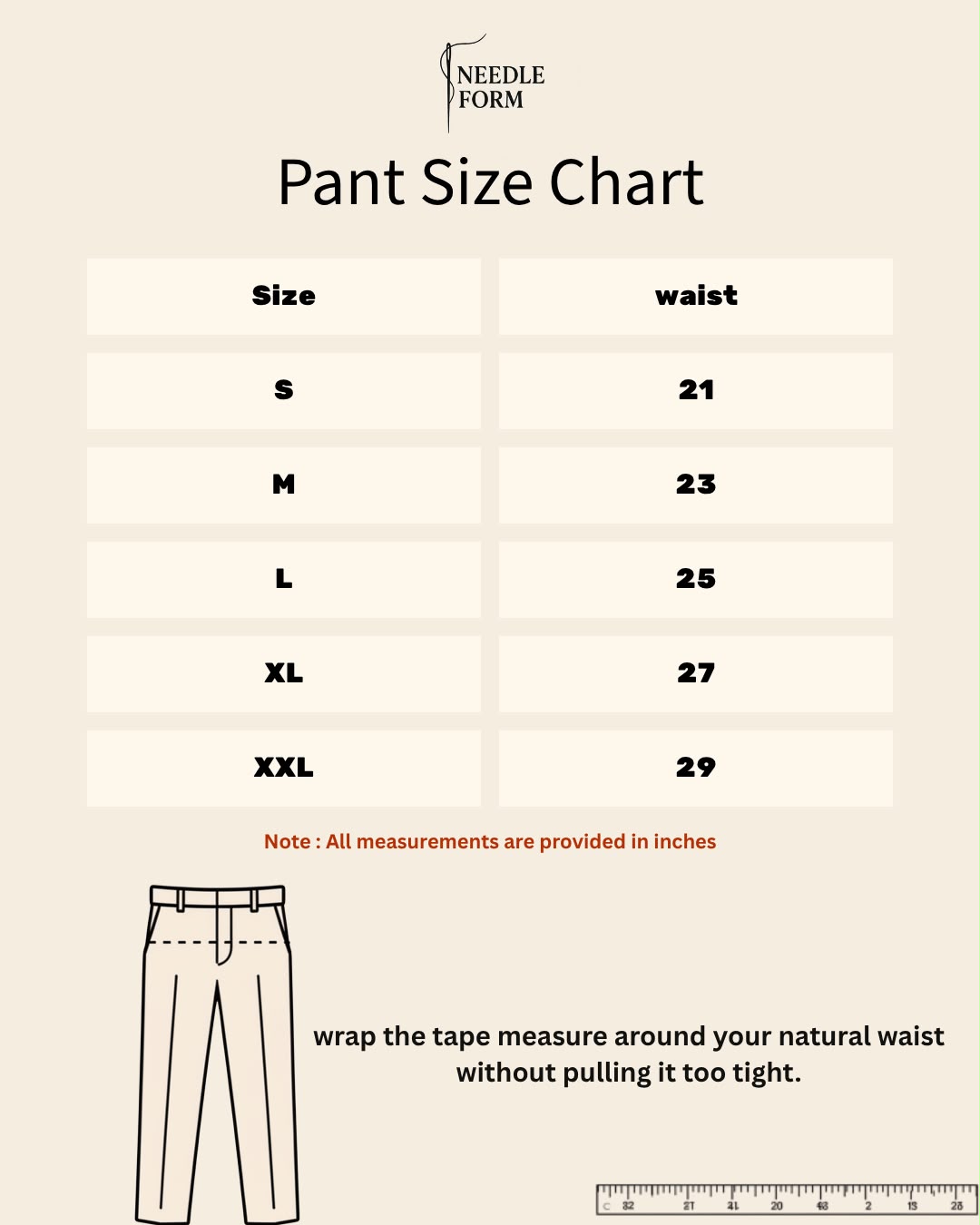 Needle Form Pant Size Chart